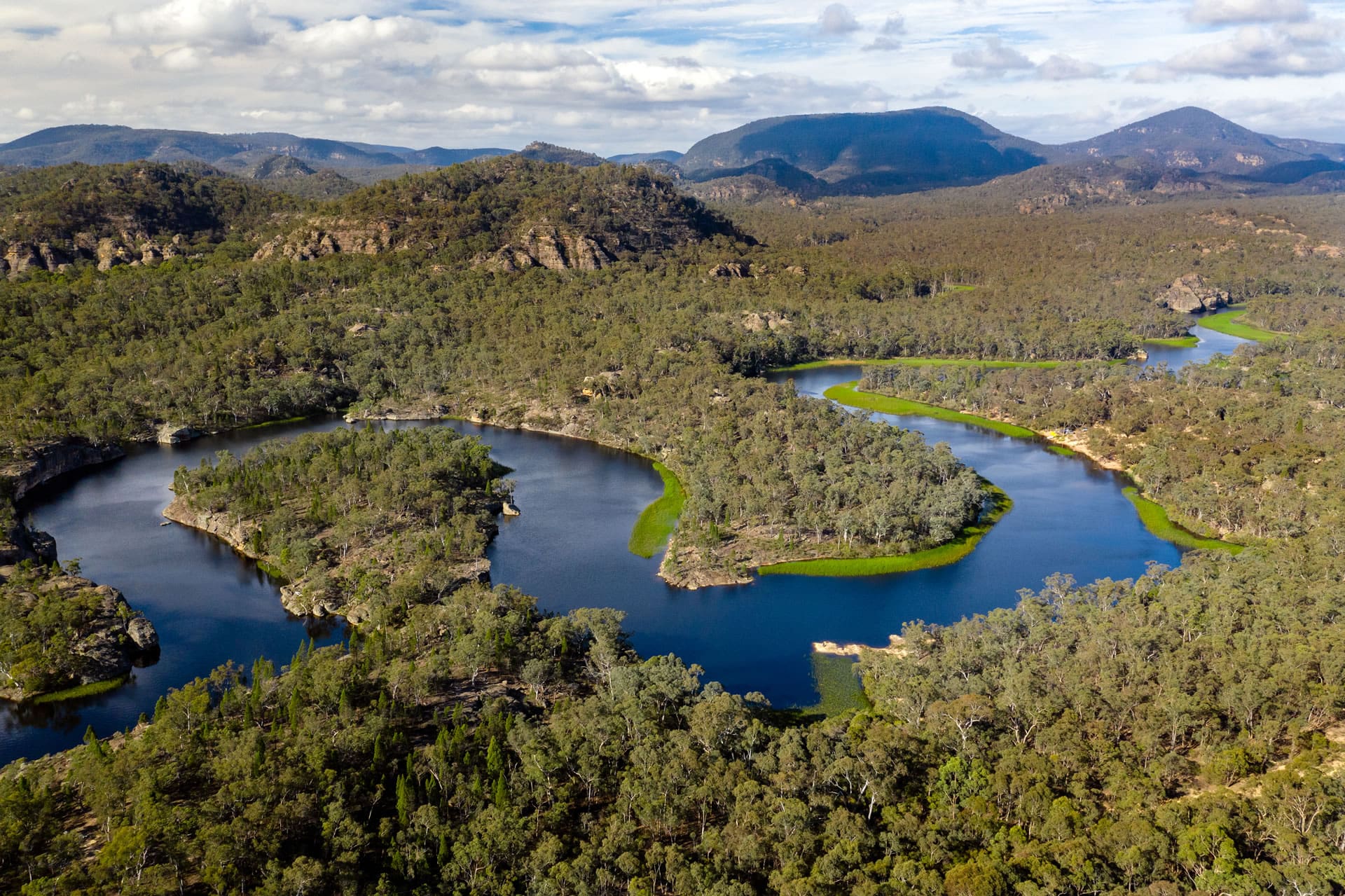 Aerial river gorge with bush, Australia