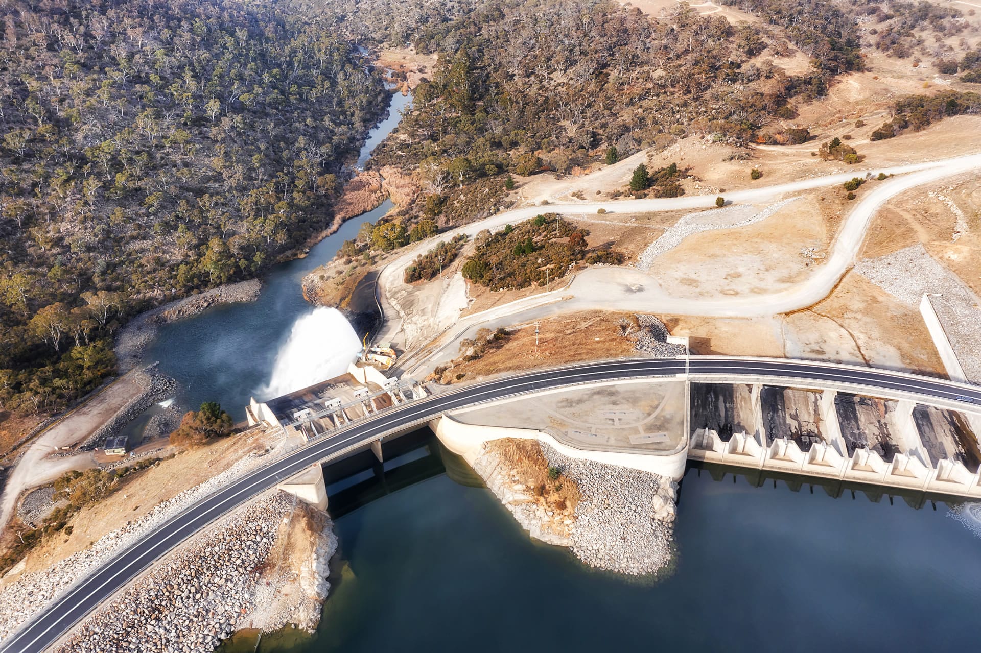 Aerial dam spillway and works
