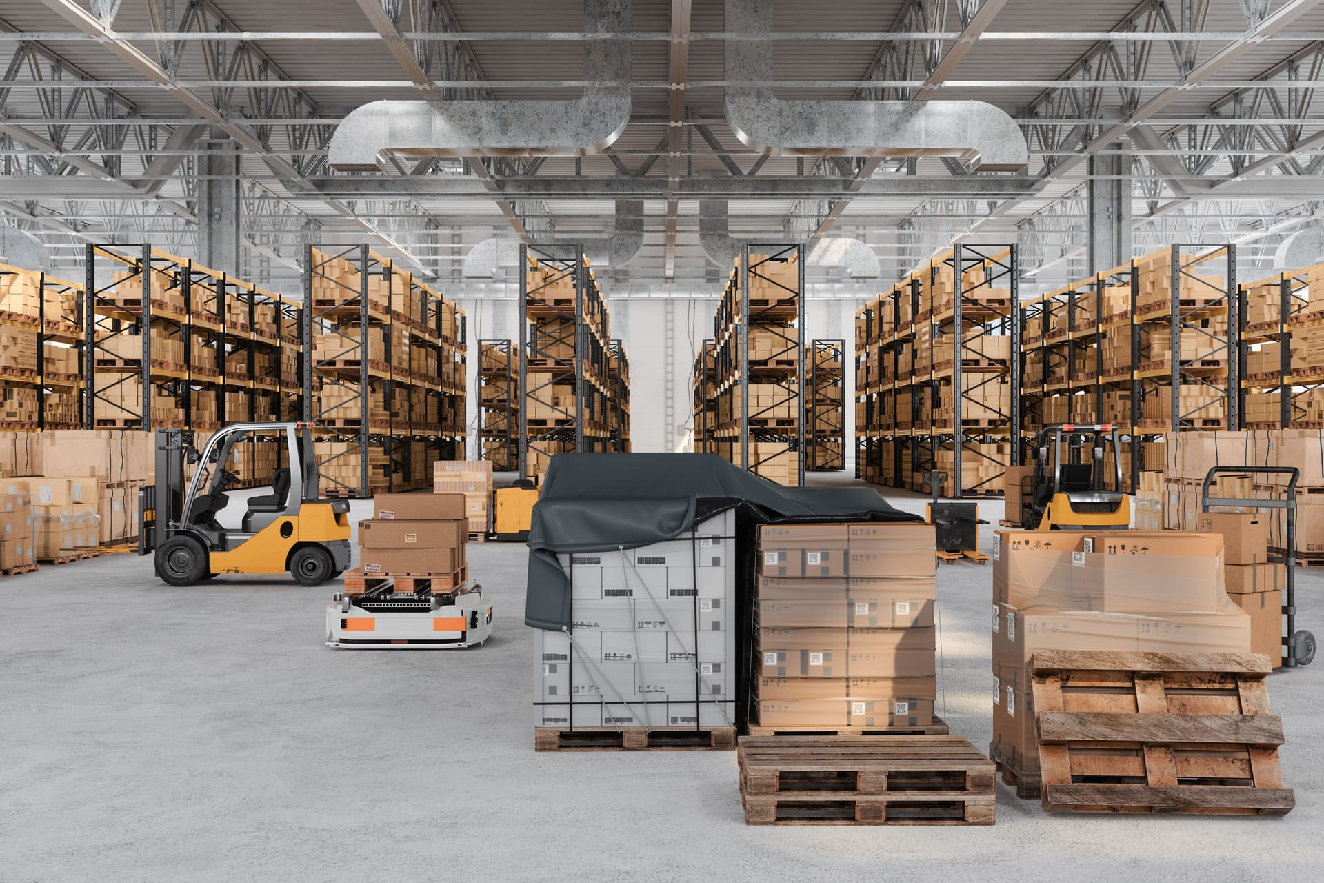 Warehouse with forklifts