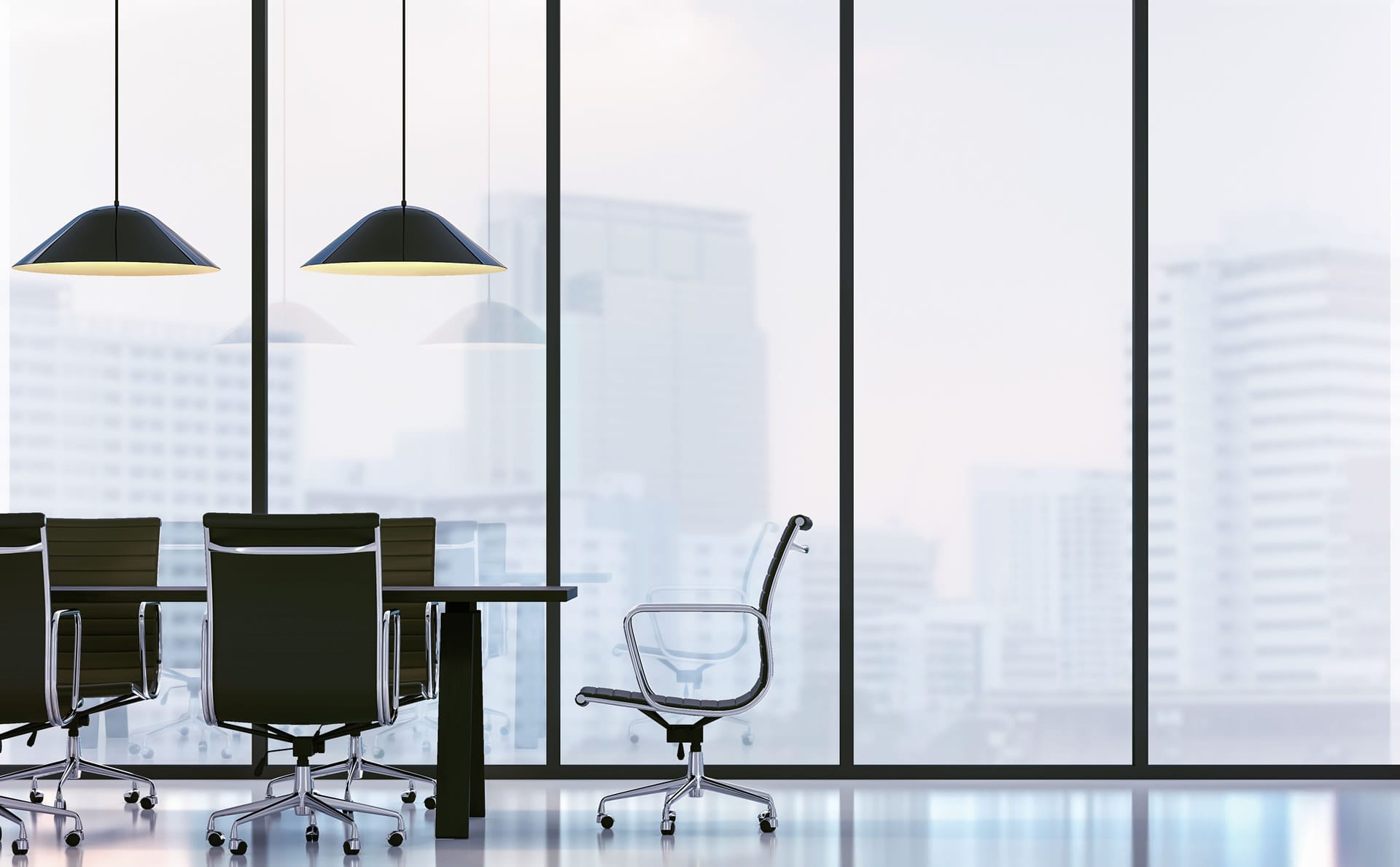 Empty modern meeting room with city view